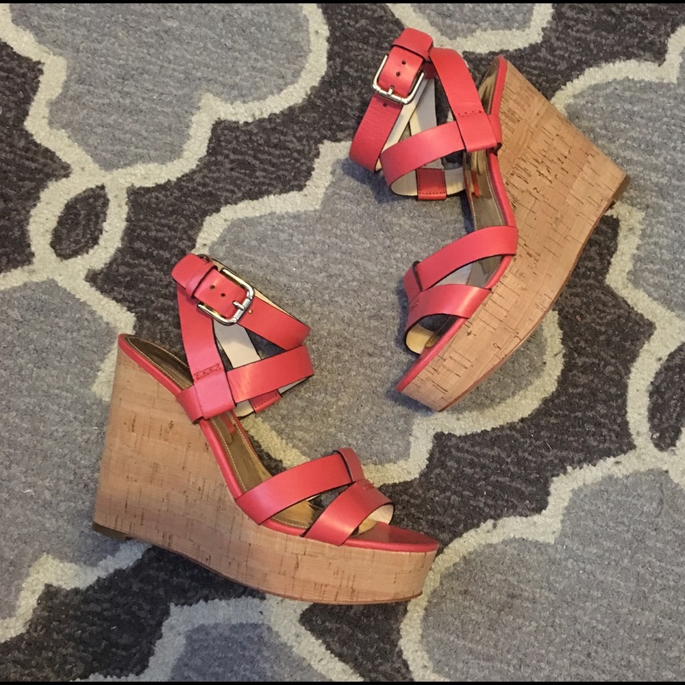 Coach Charla Pink Leather Strappy Cork Wedges 👙